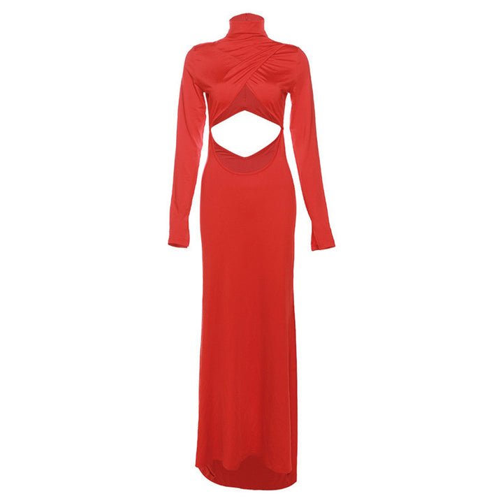 Damen figurbetontes Maxikleid mit asymmetrischem Cut-Out und hochgeschlossenem Kragen Drune