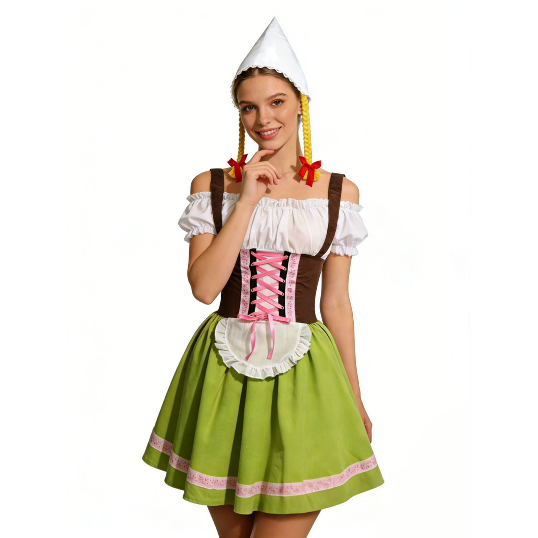 Damen nan traditionelles Oktoberfest Dirndl Kostüm mit Schnürkorsett, Schürze und Zipfelmütze Drune