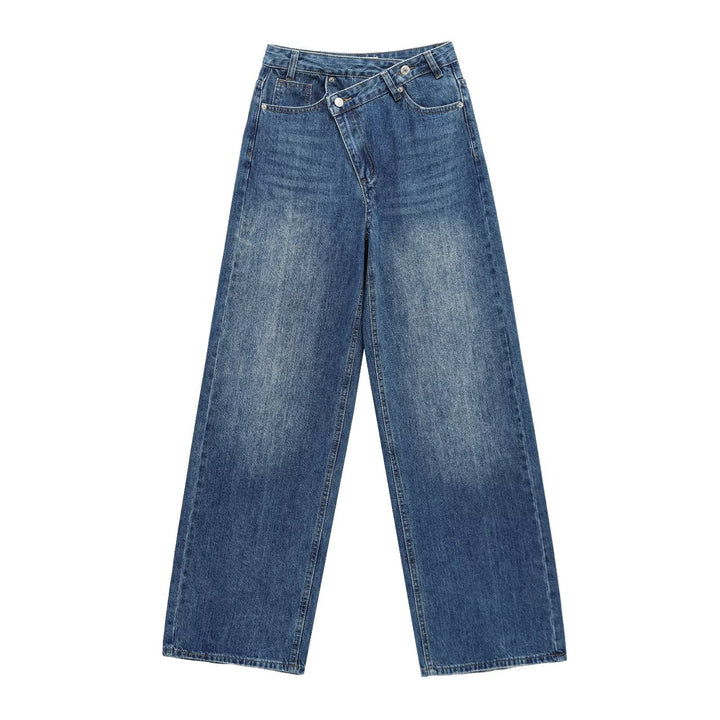 Damen weit geschnittene Jeans mit asymmetrischem Knopfverschluss und hohen Taillen Drune