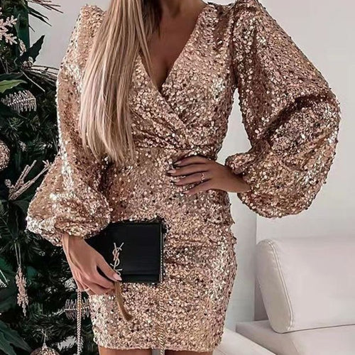 Damen Glitzerndes Minikleid mit Ballonärmel und Wickeloptik Drune