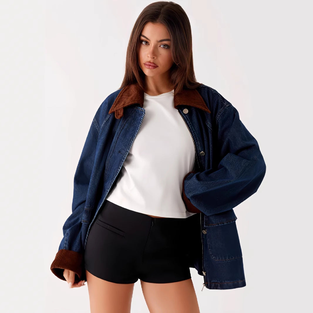 Damen Denimjacke mit Kapuze und kontrastierenden Ärmeln Drune