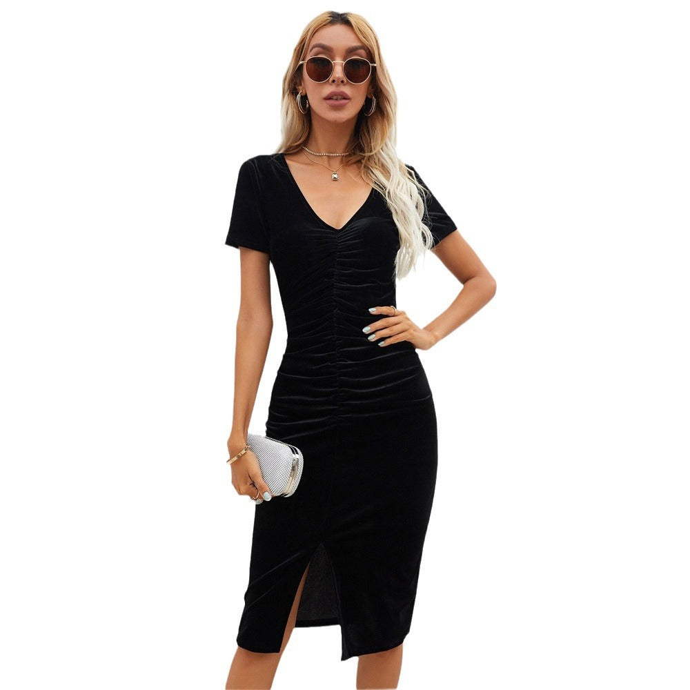 Damen elegantes Wickelkleid mit V-Ausschnitt und seitlichem Schlitz Drune