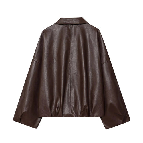 Damen cropped Kunstlederjacke im urbanen Stil mit breitem Kragen und praktischen Taschen Drune