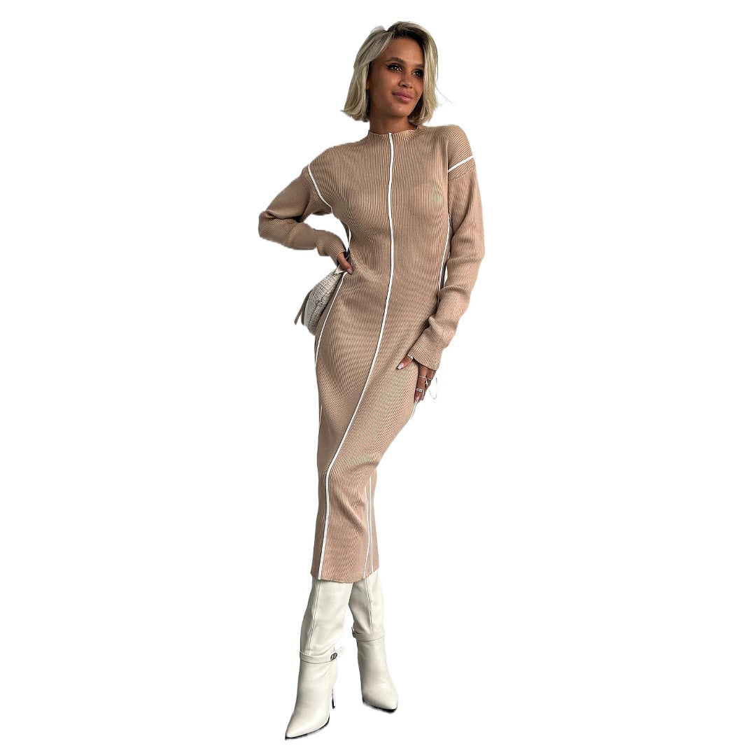 Damen elegantes Strickkleid mit raffinierten Kontrastnähten und figurbetontem Schnitt Drune