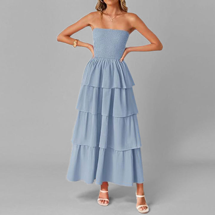 Damen Maxikleid mit schulterfreiem Design und voluminösen Rüschenschichten Drune