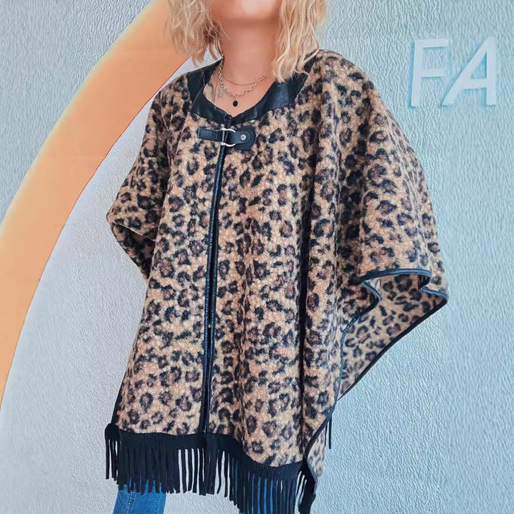 Damen modischer Poncho mit Fransen und tierischem Print Drune