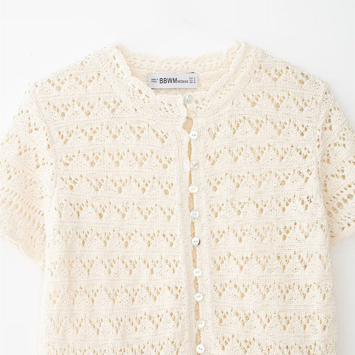 Damen feine Kurzarm-Bluse mit romantischem Spitzenmuster Drune
