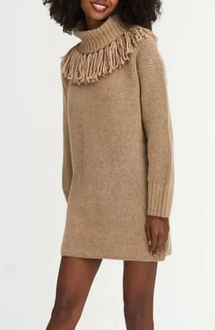 Damen Strickkleid mit dekorativer Fransenkante und hohem Rollkragen Drune