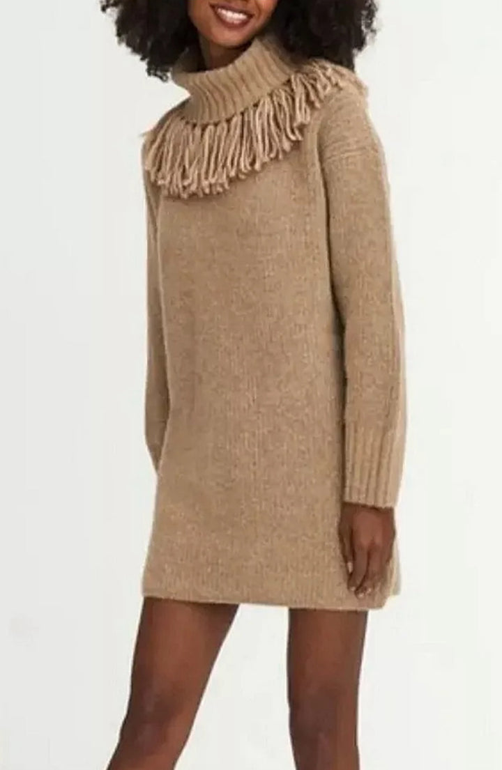 Damen Strickkleid mit dekorativer Fransenkante und hohem Rollkragen Drune