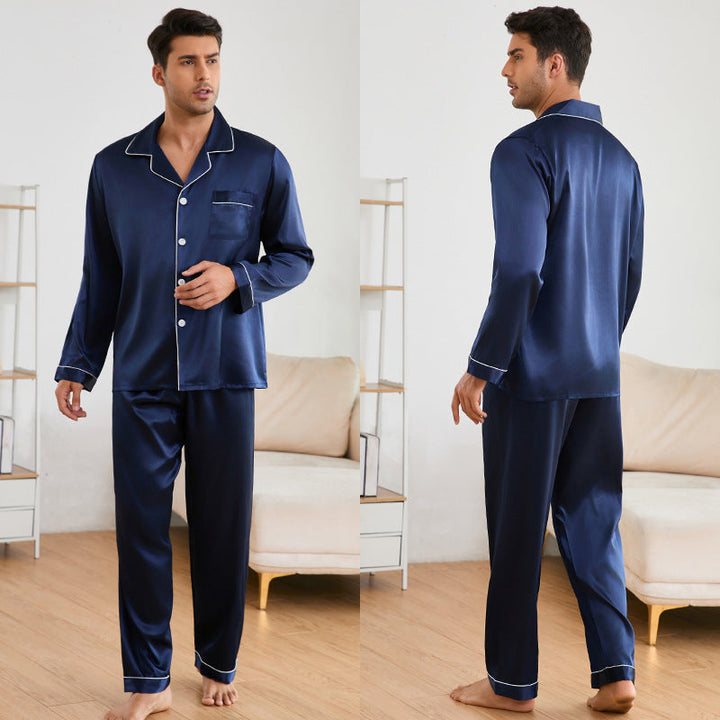 Herren Satin Schlafanzug-Set mit Klassischem Kragen und Eleganten Kontrastnähten Drune