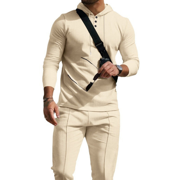 Herren nan figurnahes Kapuzen-Knopfleisten-Set aus strukturiertem Stretchjersey mit schmaler Chino-Jogger Drune
