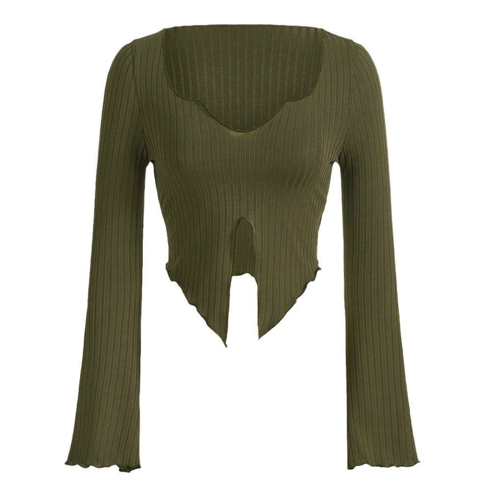 Damen cropped Langarmshirt mit asymmetrischem Saum und modischen Rüschendetails Drune