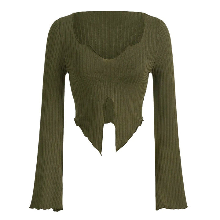 Damen cropped Langarmshirt mit asymmetrischem Saum und modischen Rüschendetails Drune