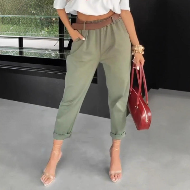 Damen moderne Chinohose mit elastischem Bund und weitem Bein Drune
