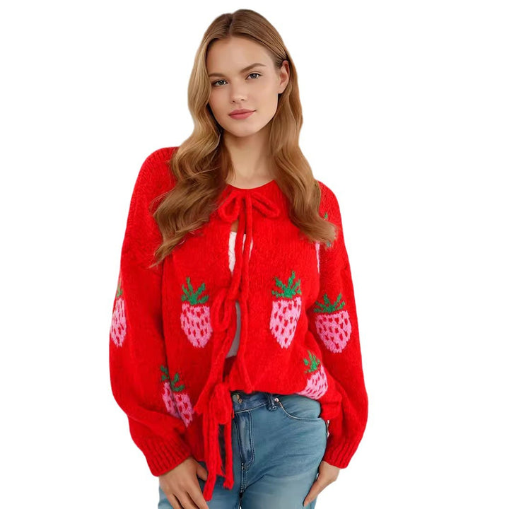 Damen kuscheliger Pullover mit fruchtigem Erdbeer-Motiv Drune