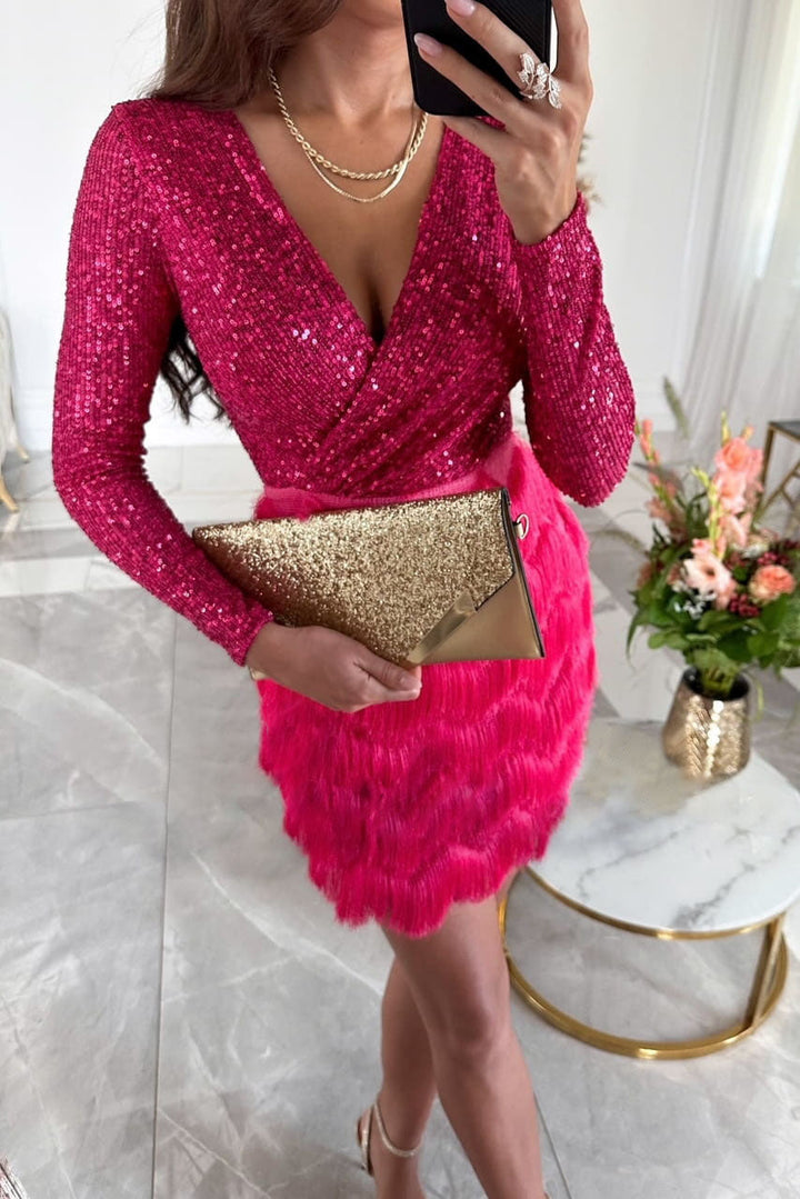 Drune | Glamour Abendkleid Mit Pailletten Für Damen Mit Federn Saum