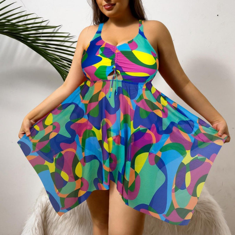 Damen vielseitiges Strandkleid mit modischem Schnitt und buntem Muster Drune
