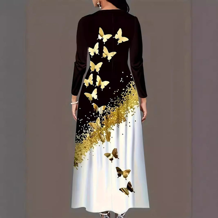 Damen Maxikleid mit elegantem Schmetterlingsmuster und funkelndem Goldakzent Drune