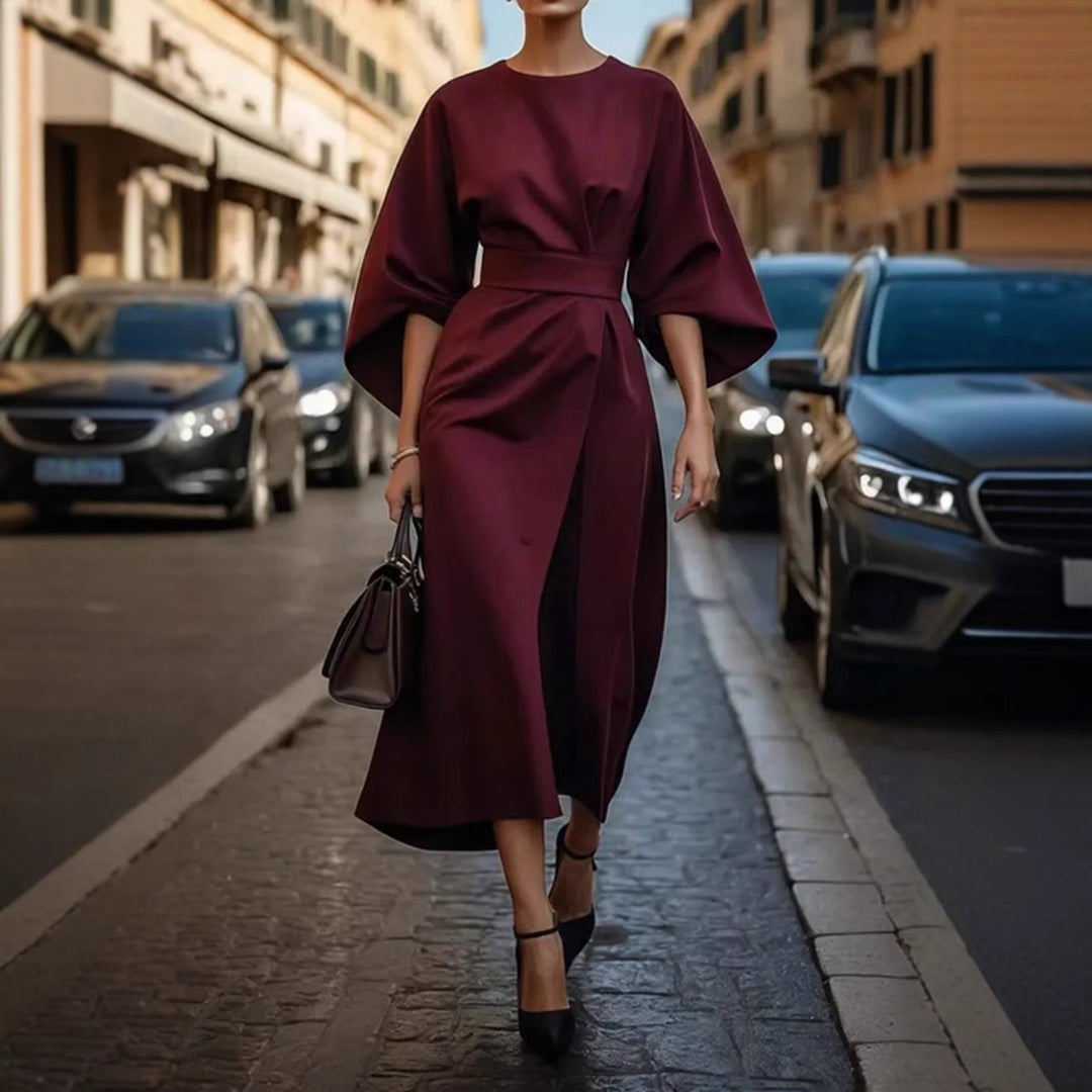 Damen elegantes Maxikleid mit oversized Ärmeln und tailliertem Gürtel Drune