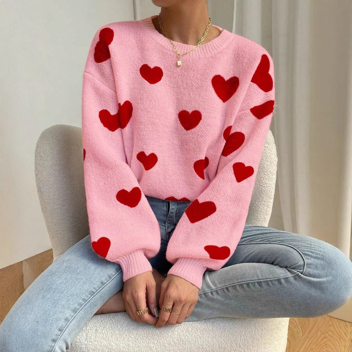 Damen Kuscheliger Strickpullover mit Herzmuster und weitem Schnitt Drune