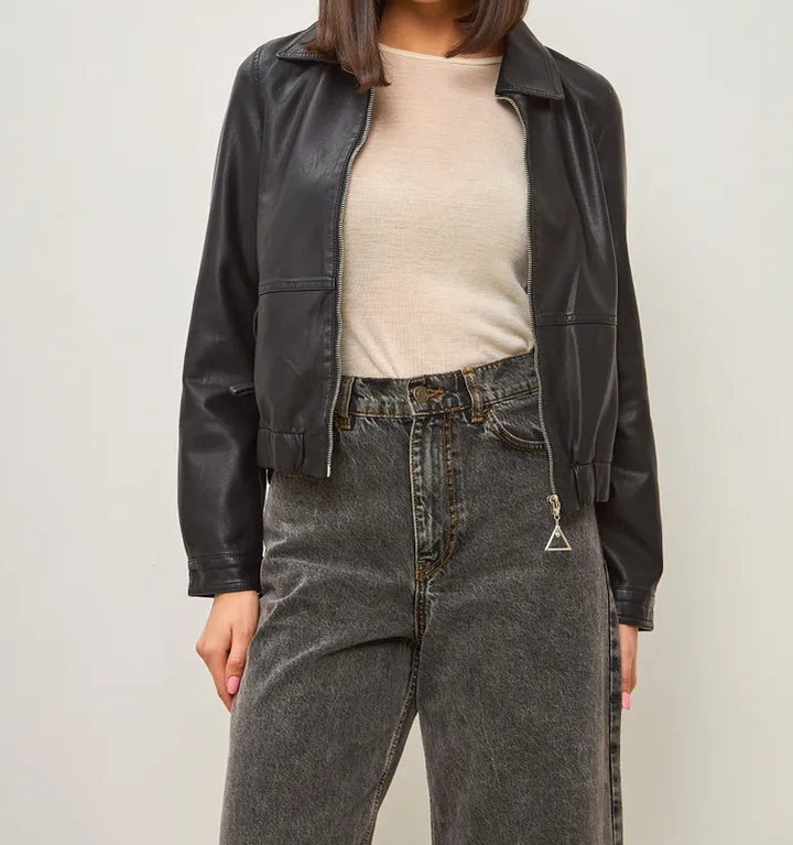 Damen modische cropped Lederjacke mit lässigem Schnitt Drune