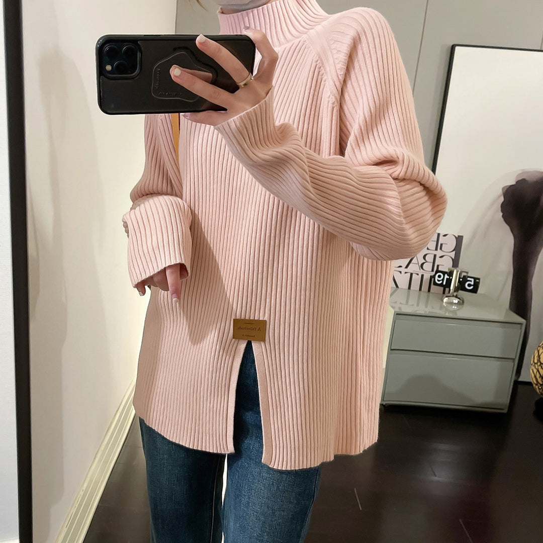 Damen Moderner Rippstrickpullover mit hohem Kragen und asymmetrischem Schnitt Drune