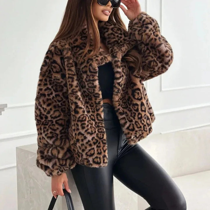 Damen nan kurze Kunstfelljacke mit Wildmuster, V-Ausschnitt und taillierter Silhouette Drune