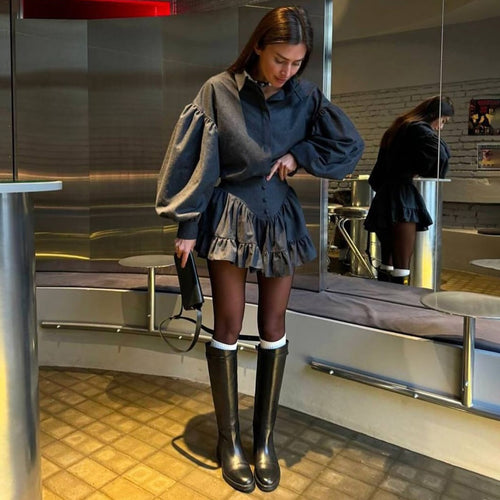 Damen Karottenkleid mit voluminösen Ärmeln und verspieltem Rüschensaum Drune