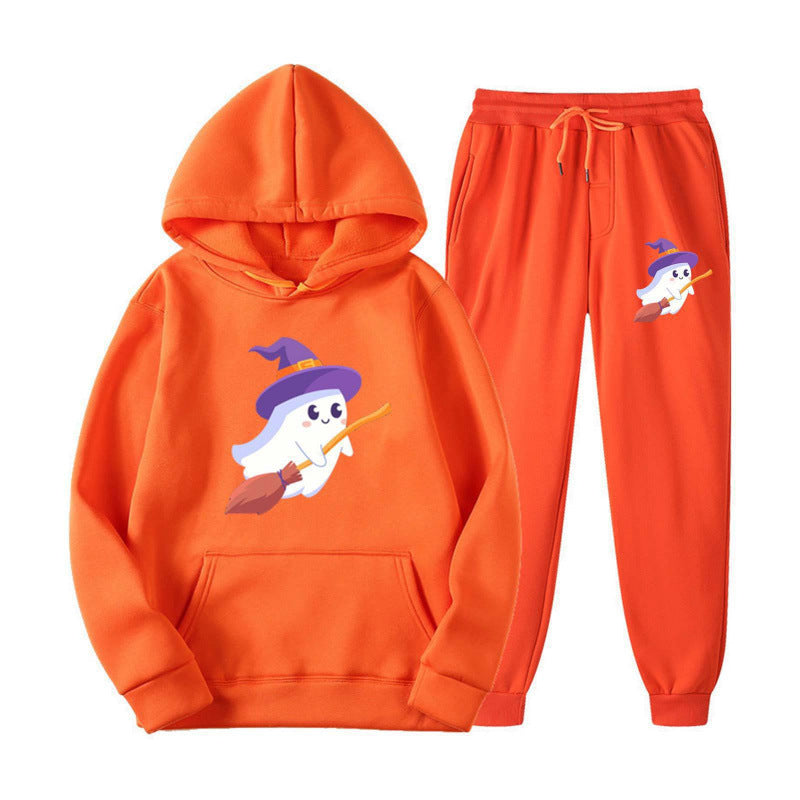 Unisex nan kuscheliger Kapuzenpullover und Jogginghose Set mit Halloween-Geistprint Drune