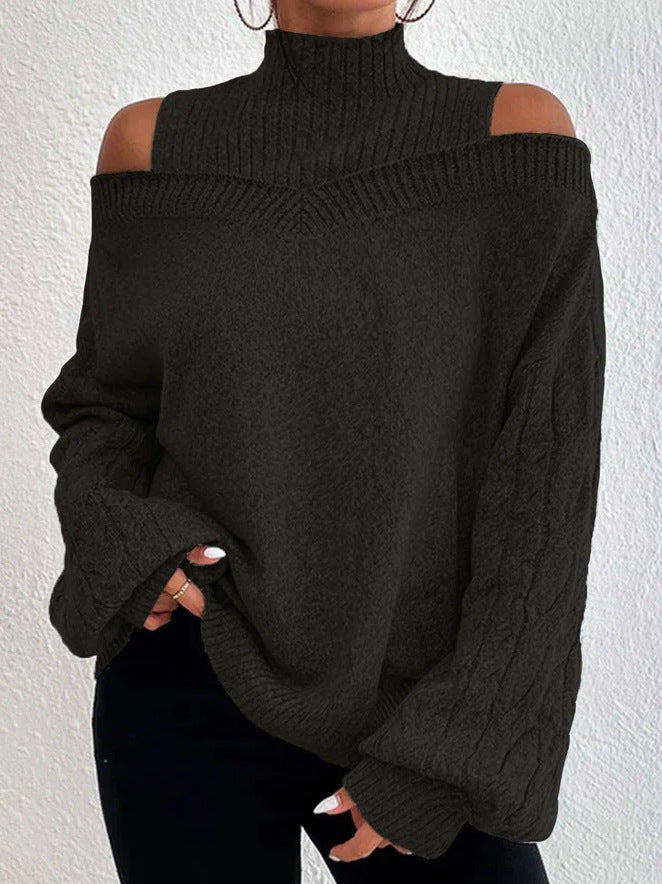 Damen Strickpullover mit lässigem Off-Shoulder Design und hohem Kragen Drune