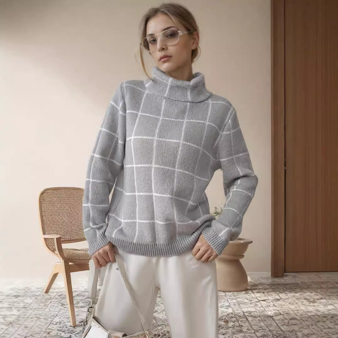 Damen lässiger Grobstrickpullover mit modernem Karomuster und hoher Kragen Drune