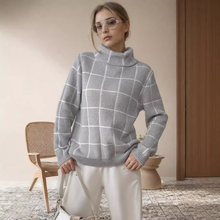 Damen lässiger Grobstrickpullover mit modernem Karomuster und hoher Kragen Drune
