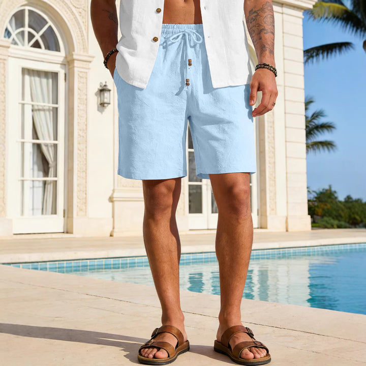 Herren nan leichte Strand-Bermuda aus Leinenmix mit Elastikbund Kordelzug und Zierknopfleiste Drune