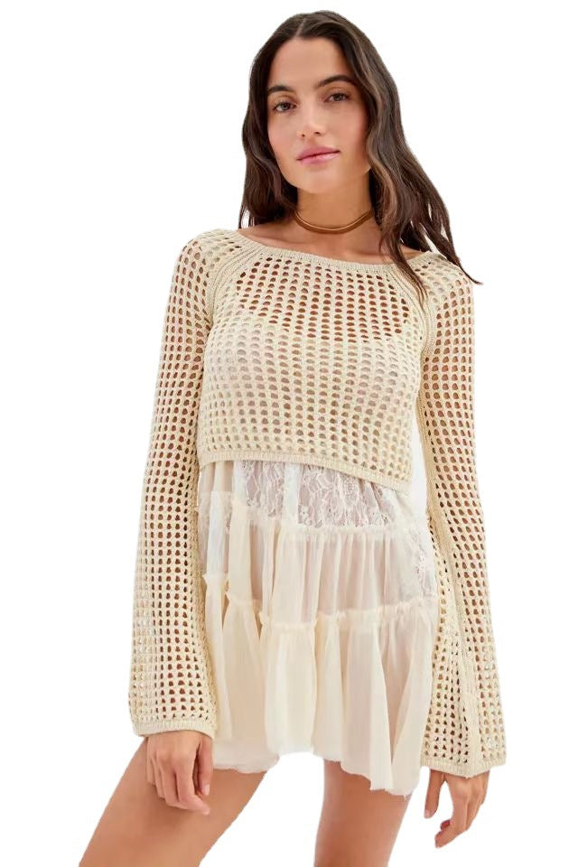 Damen gehäkeltes Crop-Top mit weiten Ärmeln und bunten Streifen Drune