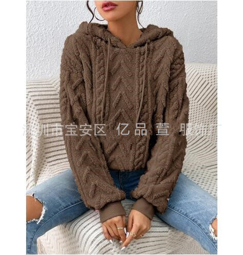 Damen nan kuscheliger Kapuzenpullover mit Zopfmuster Eingrifftaschen und Rippbündchen Drune