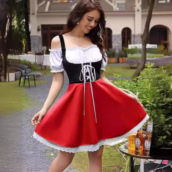Damen nan schulterfreies Dirndlkleid mit geschnürter Korsage, Puffärmeln und Spitzenunterrock Drune