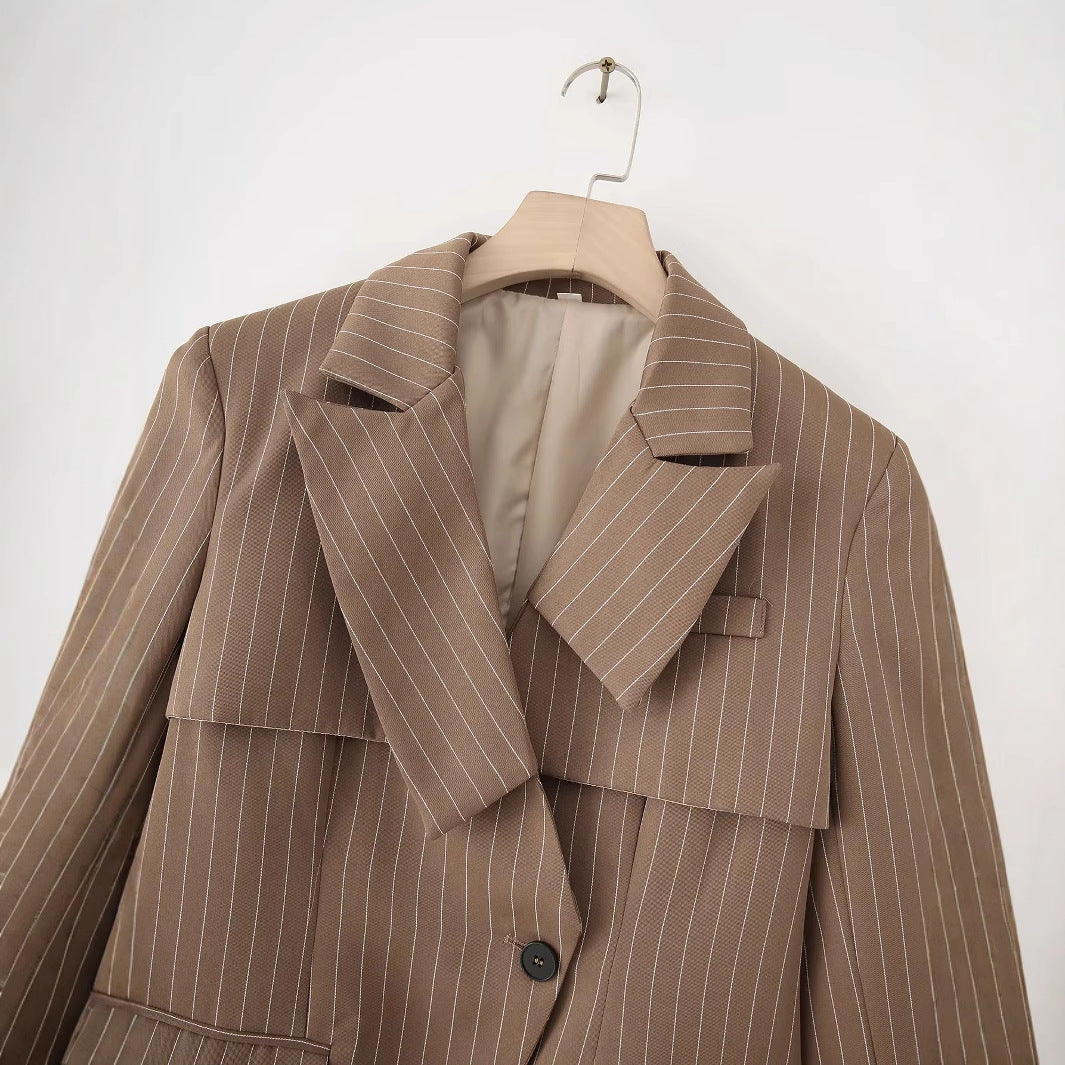 Damen gestreifte Blazerjacke mit elegantem Kragen und praktischen Taschen Drune