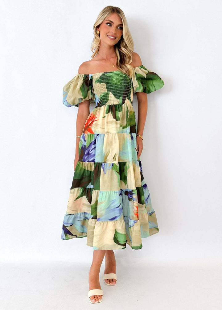 Damen Maxikleid mit Puffärmeln und floralem Smocking Drune