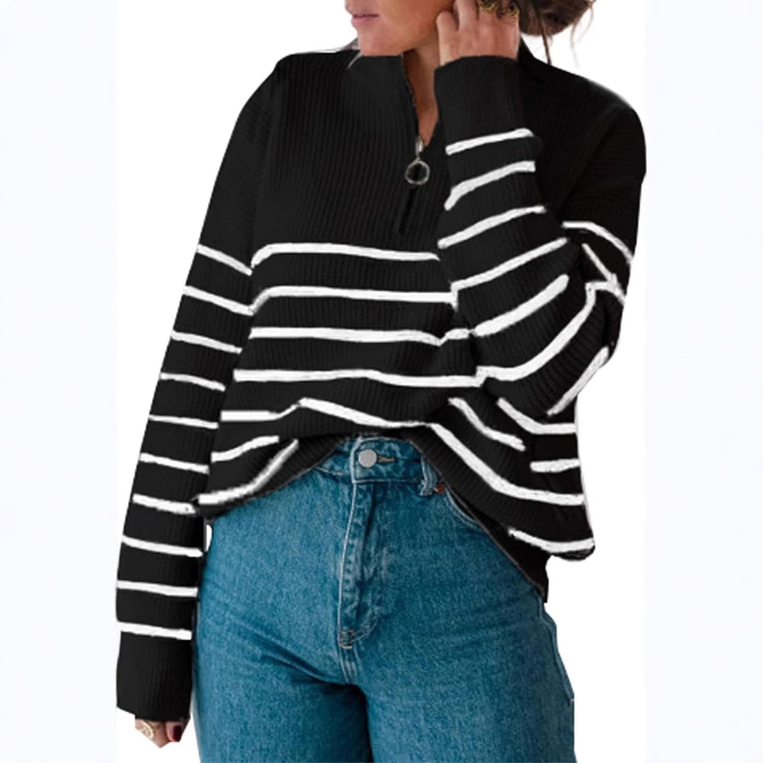Damen gestreifter Pullover mit halbem Reißverschluss Drune