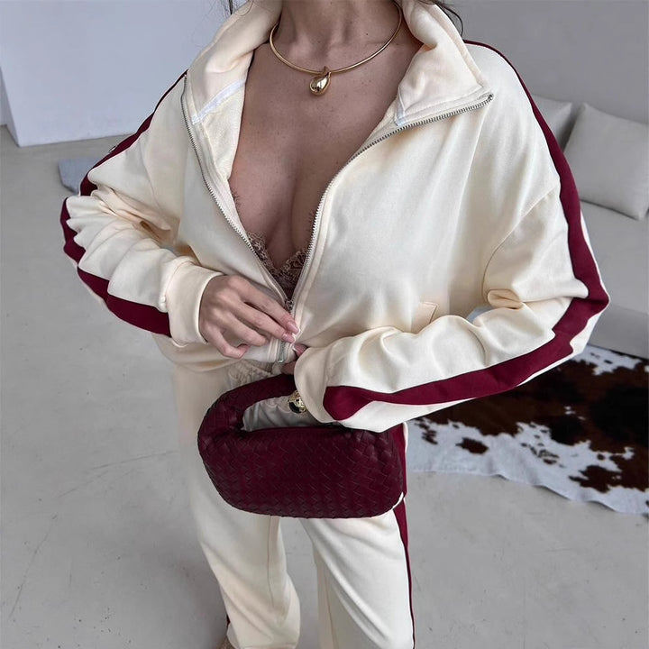 Damen Sportliches Fleece-Sweat-Set mit hohem Kragen und seitlichen Streifen Drune