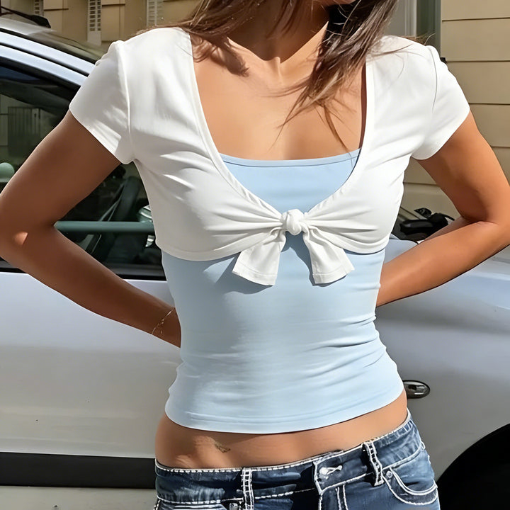 Damen Kurzarm Blusentop mit Knotendetail Drune