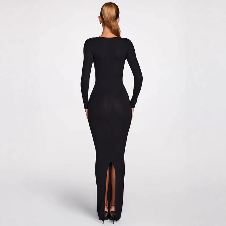 Damen figurbetontes Maxikleid mit tiefem V-Ausschnitt und eleganten Spitzenakzenten Drune