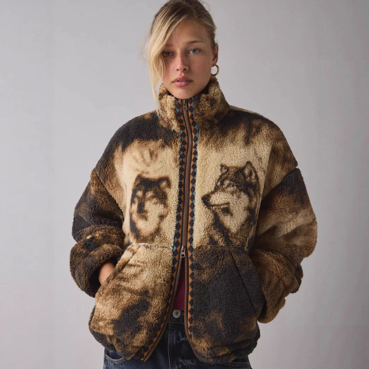 Damen Fleecejacke mit Tiermotiv und hohem Kragen Drune