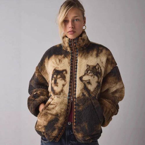 Damen Fleecejacke mit Tiermotiv und hohem Kragen Drune