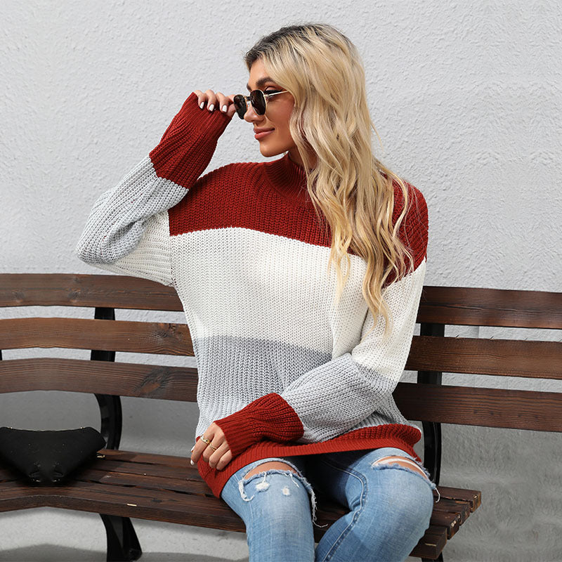 Damen Strickpullover mit hohem Kragen und modernen Blockstreifen Drune