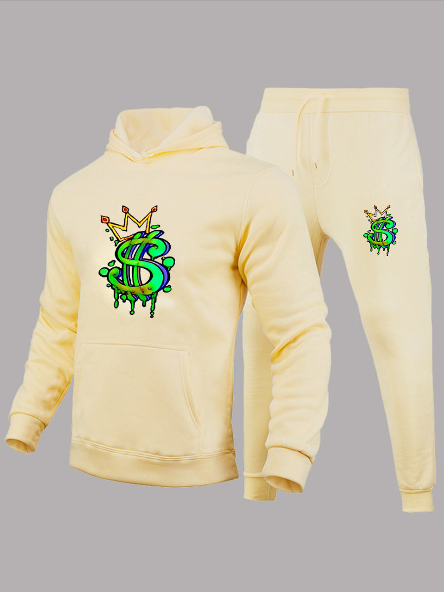 Herren Kapuzenpullover und Jogginghose Set mit kreativem Dollarzeichen-Motiv Drune