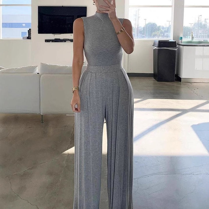 Damen Eleganter Jumpsuit mit hochgeschlossenem Design und weiten Beinen Drune