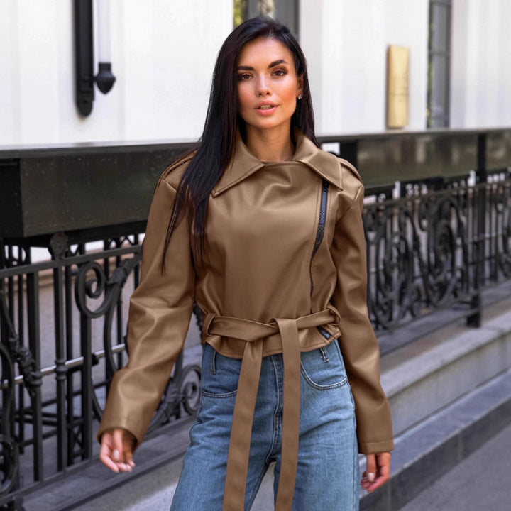 Damen Modische Kunstlederjacke mit taillierter Silhouette und trendy Gürtel Drune