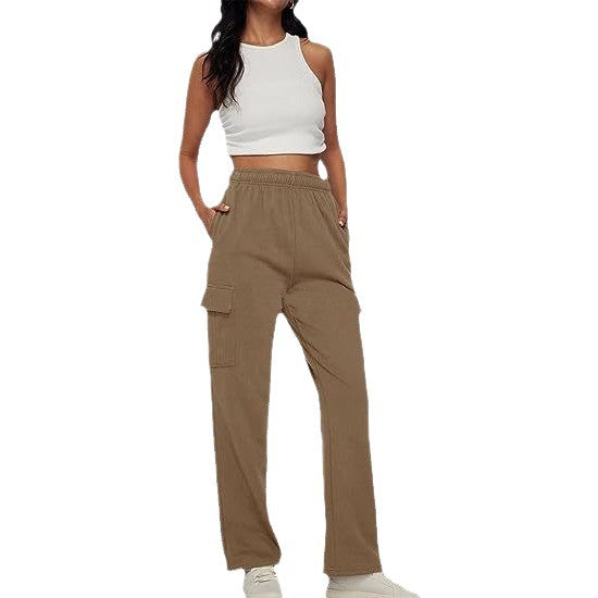 Damen nan lässige Cargo-Freizeithose mit weitem Bein elastischem Bund und aufgesetzten Taschen Drune