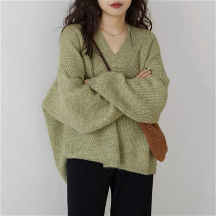 Damen V-Ausschnitt Grobstrickpullover Drune